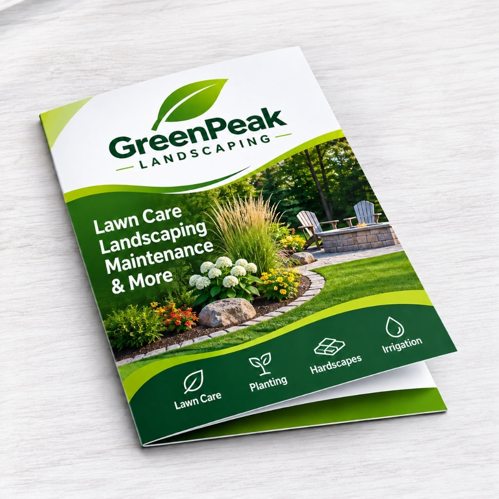 Custom half-fold brochures printed in full color on 100lb paper with a four-panel bi-fold layout