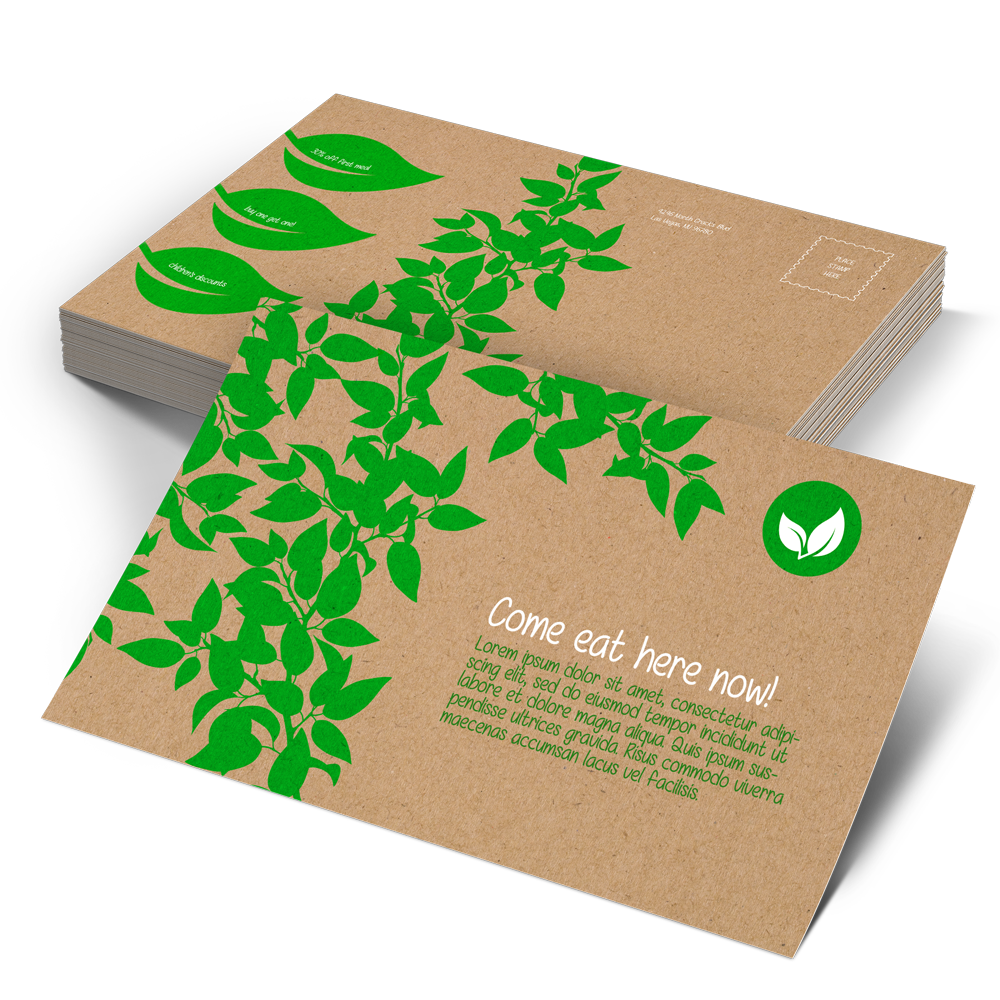 Brown kraft postcards printed on thick recycled cardstock with natural paper texture