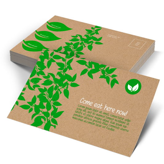 Brown kraft postcards printed on thick recycled cardstock with natural paper texture
