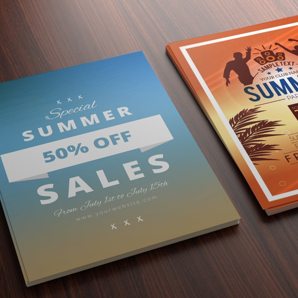 Full-color printed flyers on smooth semi-gloss paper for business promotions and events