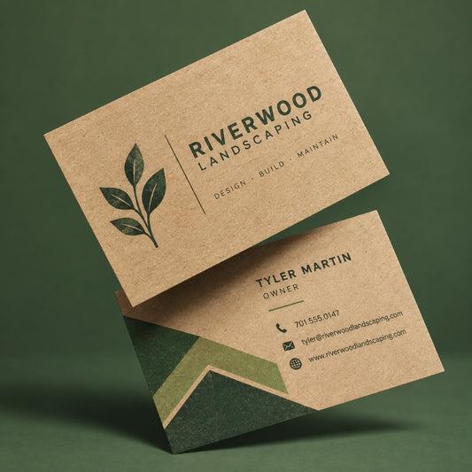 Custom brown kraft business cards on natural recycled paper with white ink