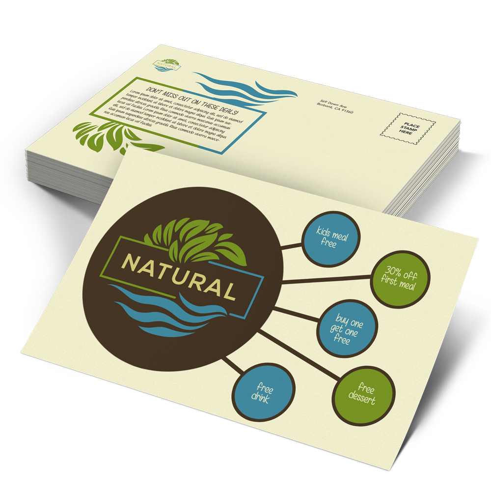 Natural postcards printed on light cream uncoated cardstock with recycled content