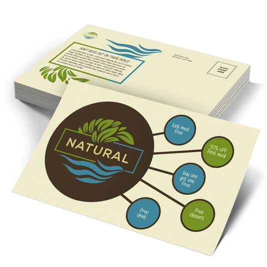 Natural postcards printed on light cream uncoated cardstock with recycled content