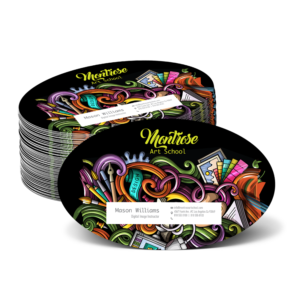 Custom oval business cards with smooth curved edges and full-color printing