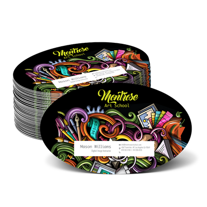 Custom oval business cards with smooth curved edges and full-color printing